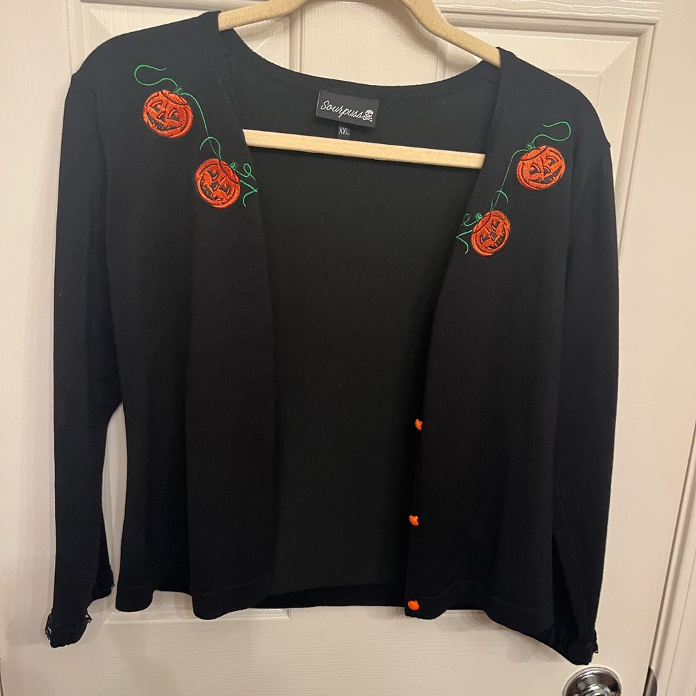 Sourpuss Black Cardigan with Orange Pumpkin Embroidery